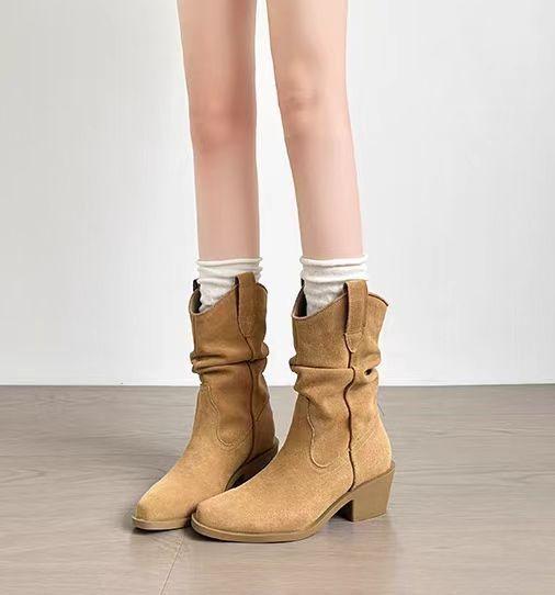 Cowhide version~ Zhao Silu retro medium tube knight boots matte pointed thick heel versatile V boots thin pile boots women