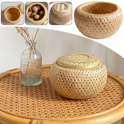Double-layer Bamboo Woven Storage Box w/Dustproof Lid Handmade Woven Basket Tea Snacks Candy Bowl Storage Tank Tabletop Decor