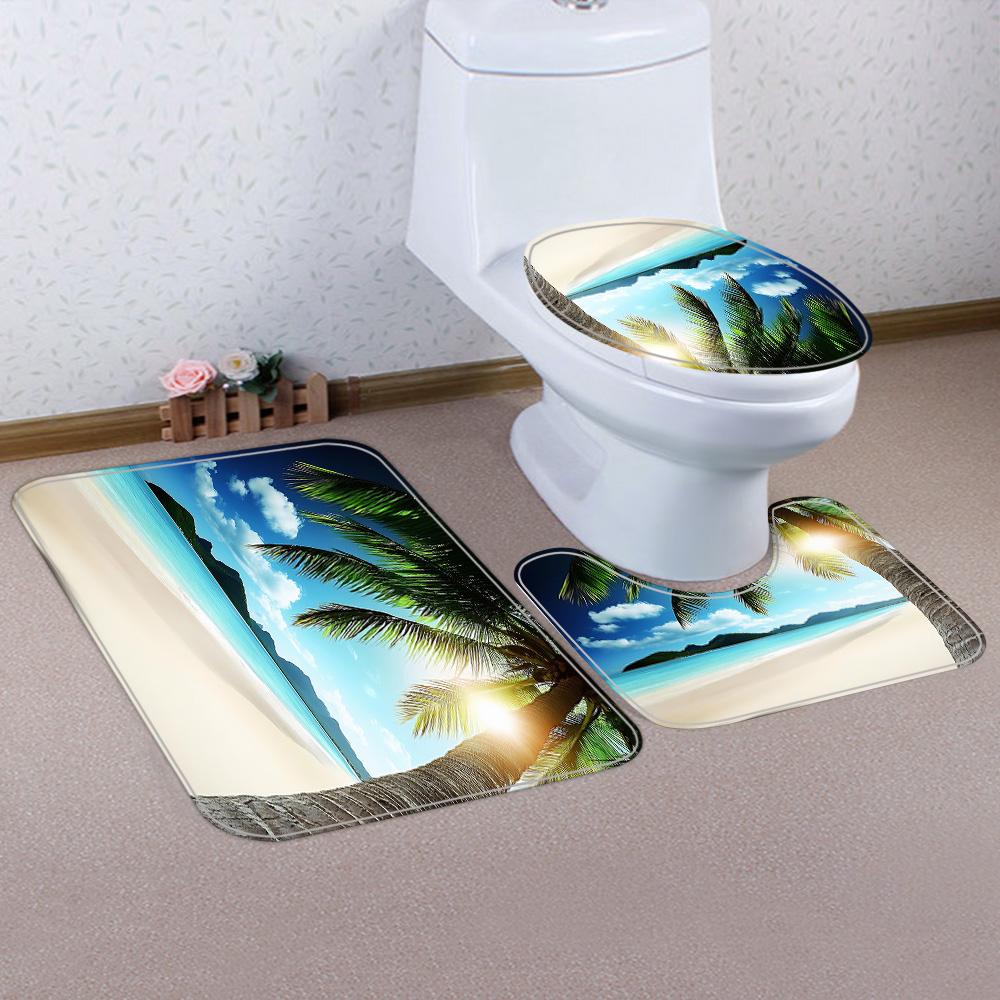 1/4 Seaside scenery shower Curtains, Toilet Seat Decoration, Shower Curtain with Carpet and Toilet Lid, 12 70.8x70.8 inch Hooks