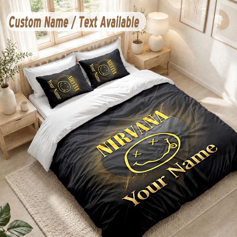 Custom Name Bedding Set 3 PiecesNirvana Print Duvet Cover + 2 Pillowcases Soft Bed Decor