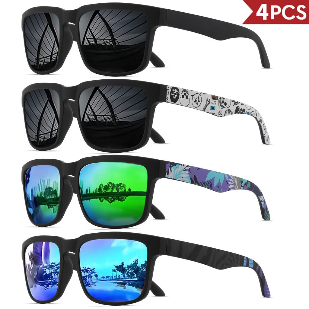 4PCS Square Sports Sunglasses with Designer Temple Pattern - UV400 for Men Women Beach Vacation 7