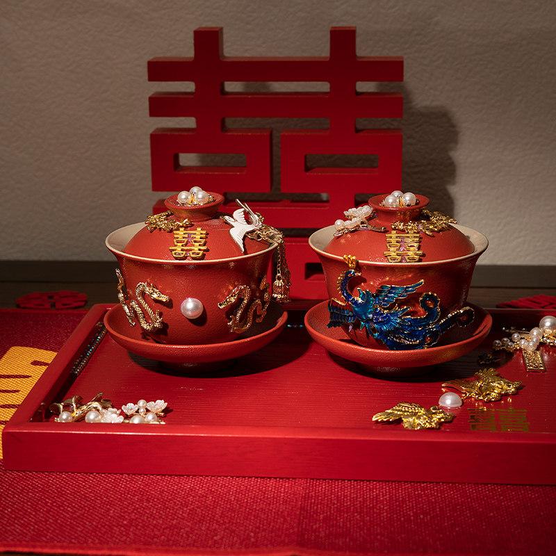 BEPAN Chinese Wedding Tea Ceremony Cup Set Ceramic Teacup Set For Bride Groom Traditional Wedding Gift Home Tabletop Decoration