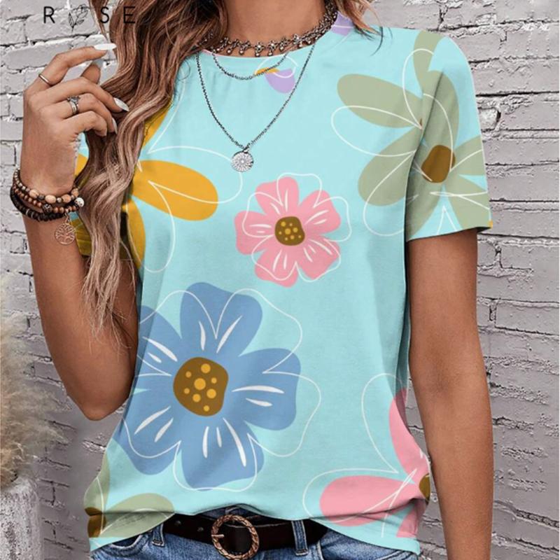 

Женская летняя футболка с цветочным принтом в стиле ретро, футболки с коротким рукавом, повседневные топы с принтом 4XL синий