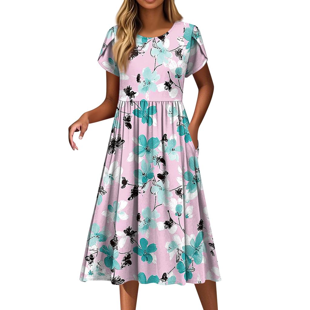 Women's Fashion Casual Loose Floral Print Round Neck Pocket Short Sleeve Dress
