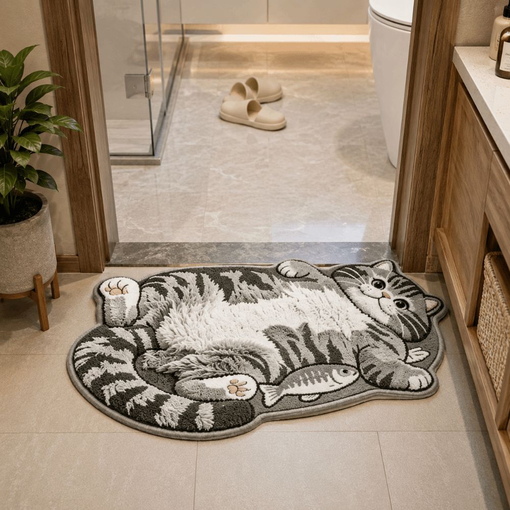 Rutschfester Heimdekor-Teppich Leicht zu reinigen Cartoon-Teppich Hochwertiger Katzenförmiger Läufer Schlafzimmer