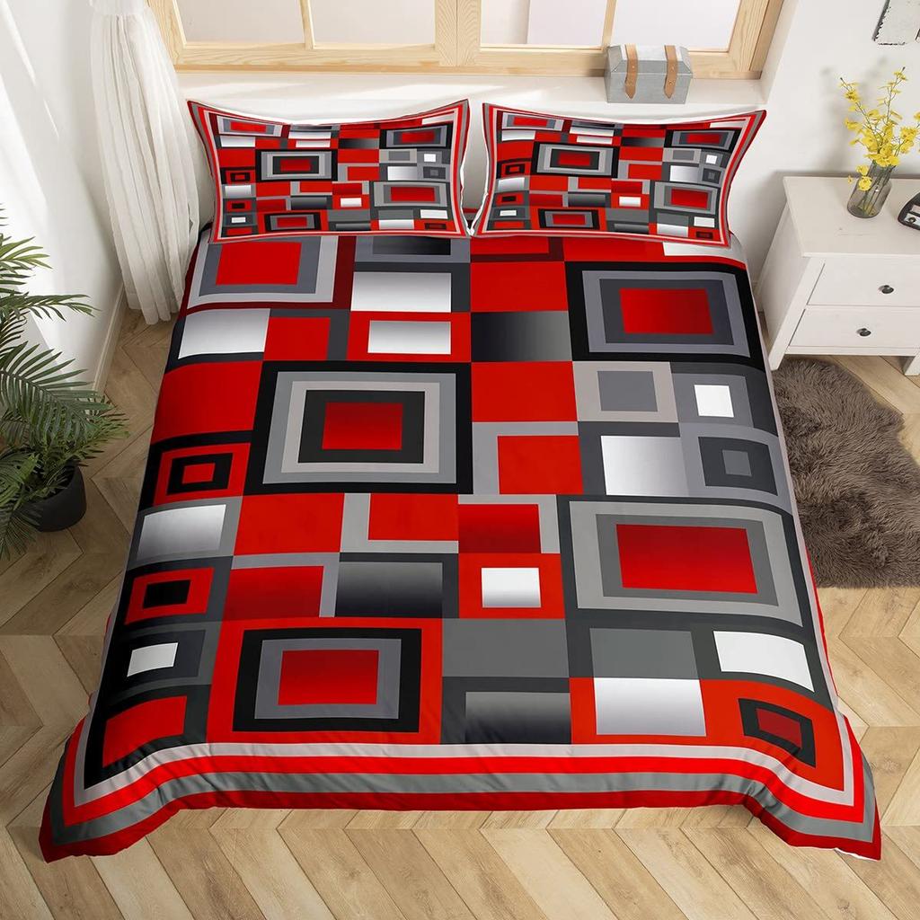 Grid Square Three-Piece Quilt Cover 3D Digital Printing Bedding Set Bed Cover