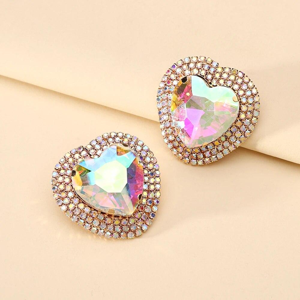 Heart Shiny Glass Charm Decor Bride Big Stud Earrings For Women Trend Luxury Fairy Romantic Wedding Party Jewelry Accessories