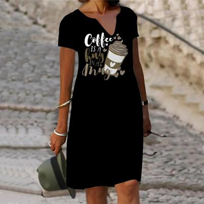 Rochie cu decolteu în V la modă de vară Rochie cu mânecă scurtă la modă cafea cu imprimeu englezesc Rochie lejeră lejeră pentru femei