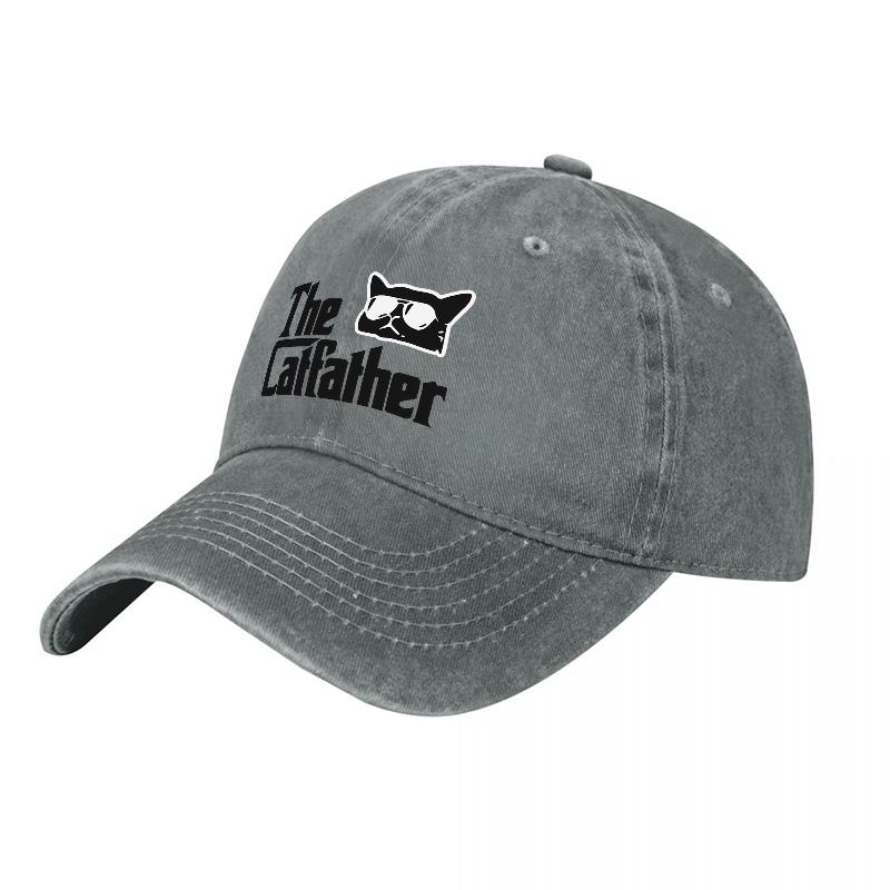 The Catfather Logo Washed Cotton Baseball Cap Classic Black Canvas Adjustable Hat Unisex Women Streetwear Style