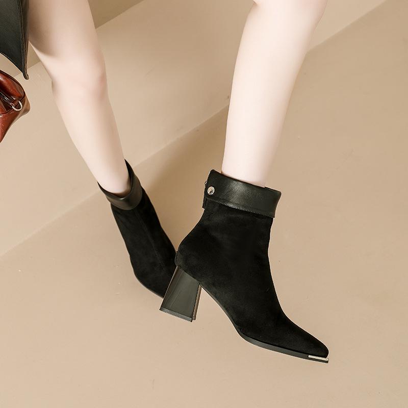 High-heeled Martin boots women's 2025 new autumn and winter British style metal pointed thin boots thick heel huge good-looking short boots