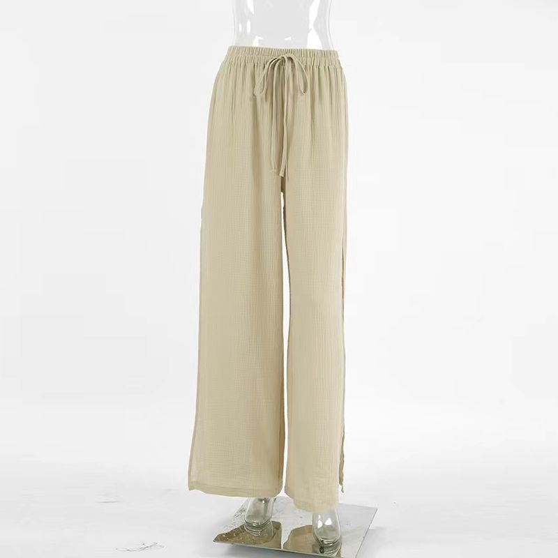 

Western Style Fashion Loose Sexy Split Trousers Lace-up Casual Pants Loose Casual Slit Pants Khaki M
