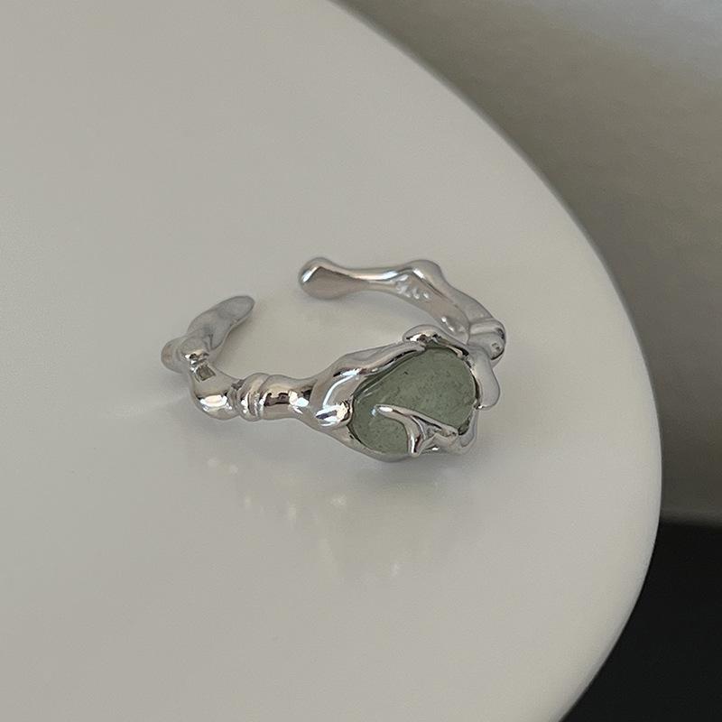 Elegant Geometric Bamboo Joint Ring with Imitation Jade - Adjustable Women s Trendy Index Finger Ring Adjustable