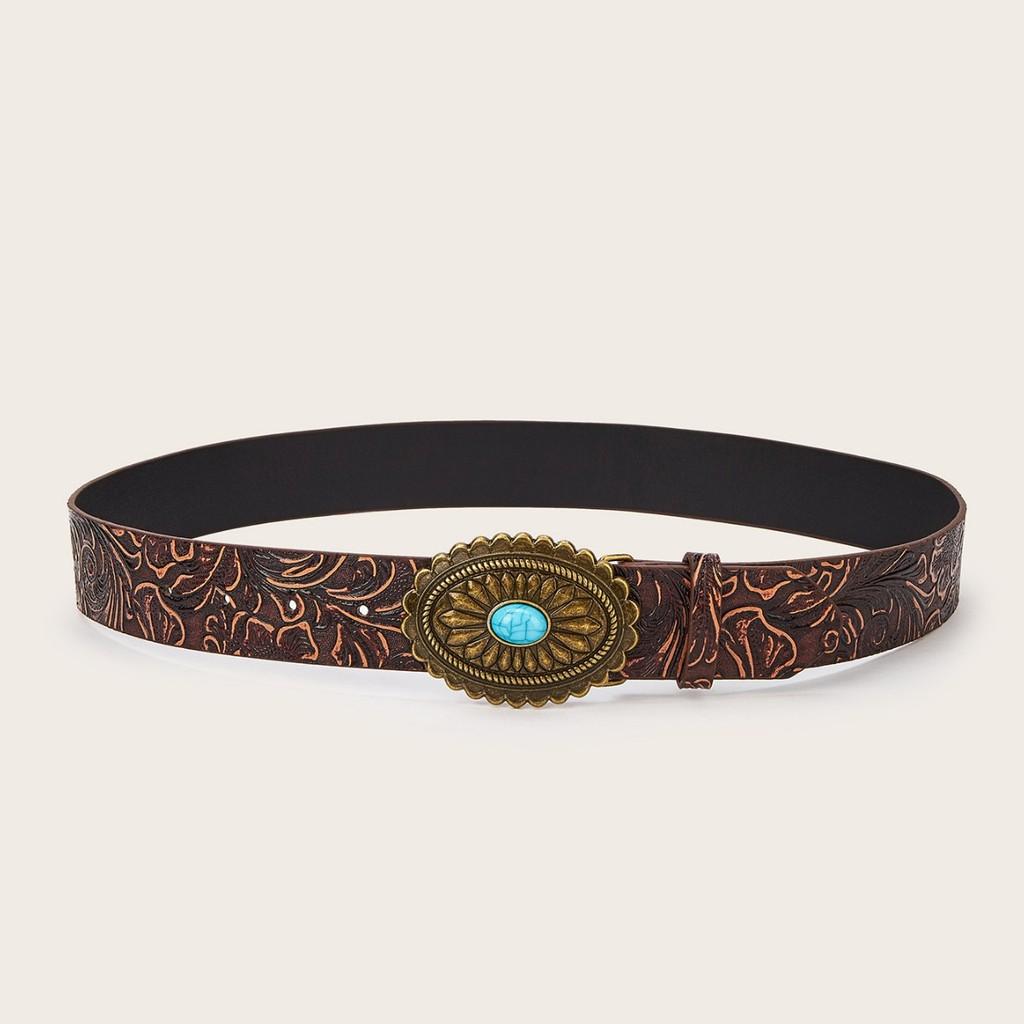 Fashion Simulation Gemstone And Metal Buckle Decor Flower Pattern Women Belt