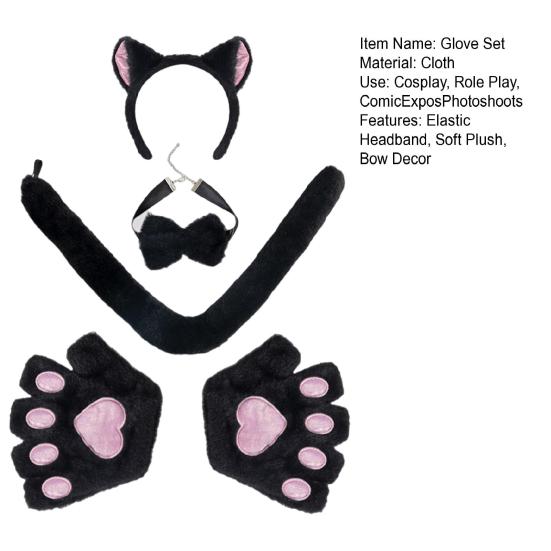 1 set Set de mănuși de pisică pentru cosplay cu coadă cu papion și bentiță reglabilă pentru cap moale de pluș de Halloween Accesorii de performanță pentru expoziții de benzi desenate Accesorii pentru ședințe foto