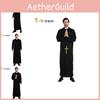 Elegant All-black Long Robe For Men Perfect For Western-themed Halloween Parties And Stage Performances