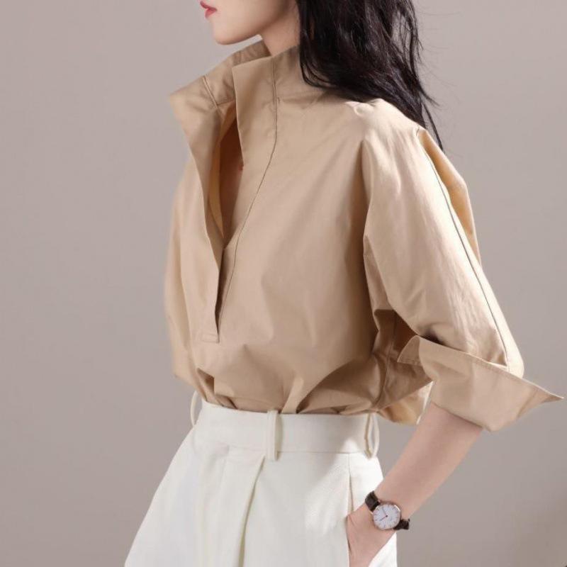 Women's Three-Quarter Sleeve Stand-Up Collar White Shirt - 2023 Early Autumn Loose Fit Top