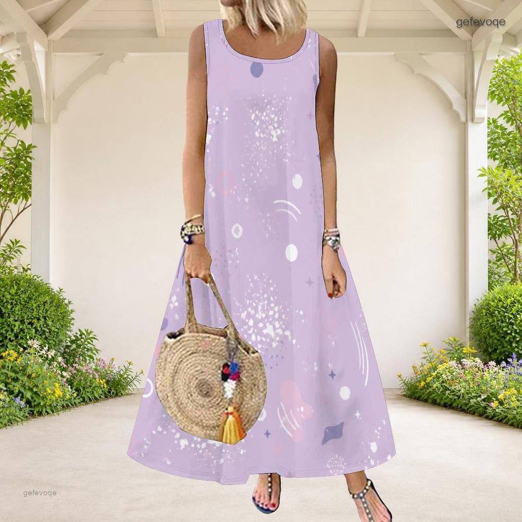 Women Plus Size Scoop Neck Sleeveless A Line Dark Purple Halloween Printed Long Dress