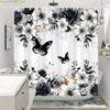 1pc Polyester Shower Curtain - Black & White Floral & Butterfly Design with Roses, Lilies, Daisies | Machine Washable | Elegan
