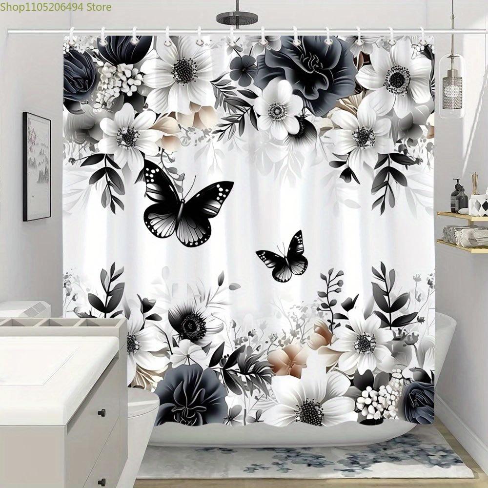 1pc Polyester Shower Curtain - Black & White Floral & Butterfly Design with Roses, Lilies, Daisies | Machine Washable | Elegan