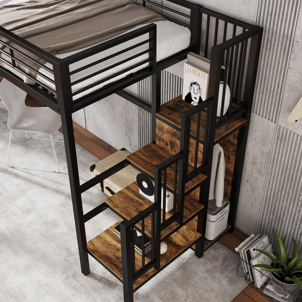 [32552890SAA] Iron Bed, Bunk Bed, Loft Bed, with Desk and Wardrobe, Side Ladder with Handrail, Iron+Chipboard, Black+Dark Wood Color, 90x200cm
