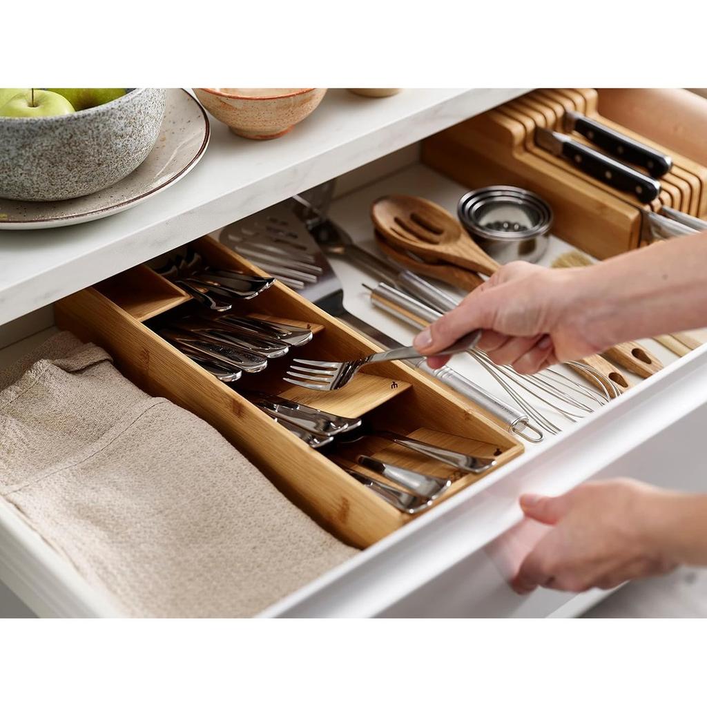 Joseph Joseph Compact Cutlery Organizer - Bamboo Drawer Tray for Space-Saving Storage