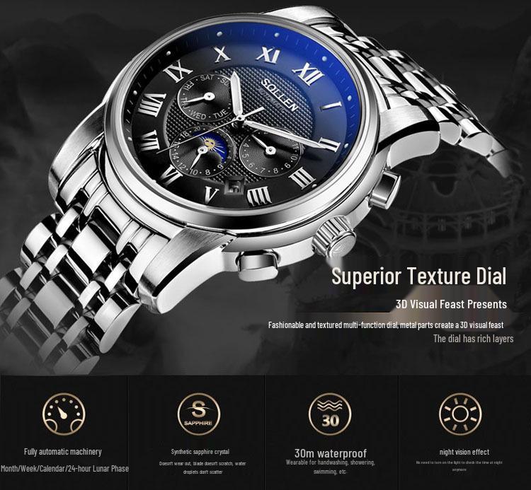 SOLLEN Solon Men's Automatic Scratch-Resistant Steel Band Watch - Fashion Business Design