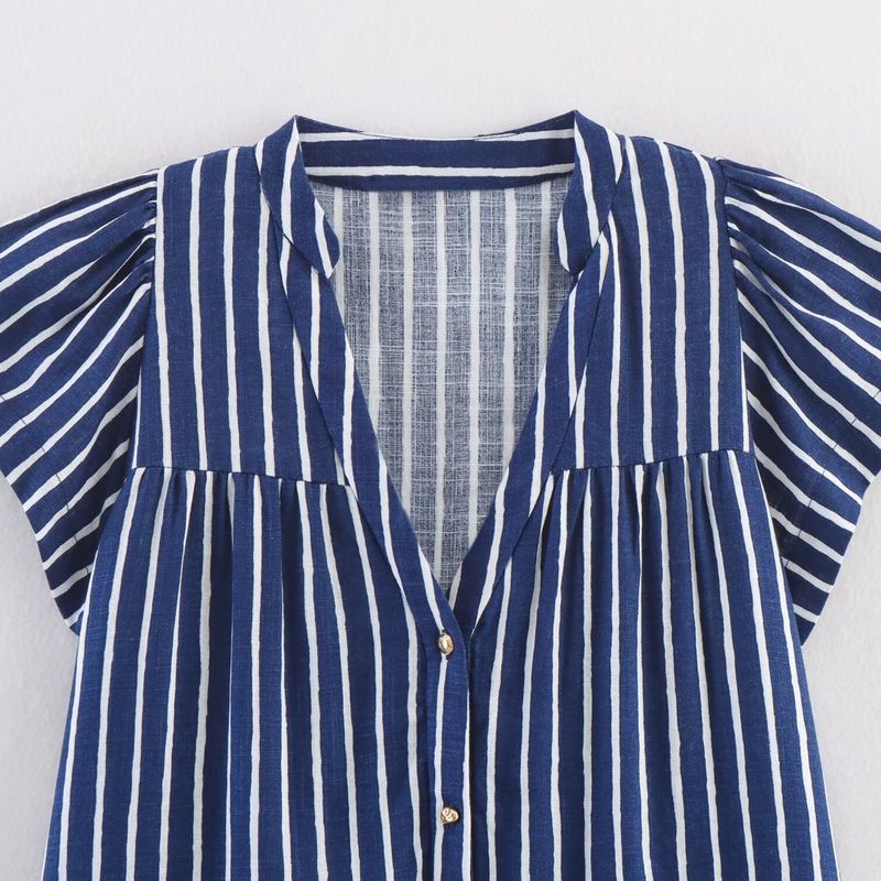 Kaslead New Women Clothes Western Style Blended Stripe Short Sleeve Shirts Shorts 8100669 8100669