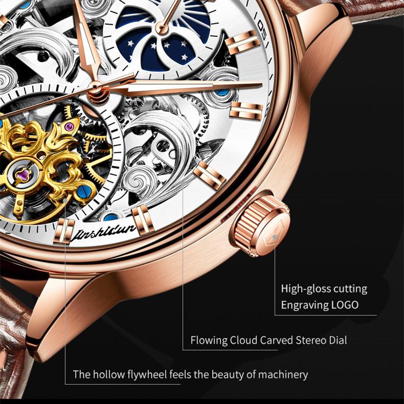 JINSHIDUN Yeni İş ve eğlence erkek saati Moda Hollow Ay Fazı Su geçirmez Aydınlık Mekanik Saat High-end erkek saati