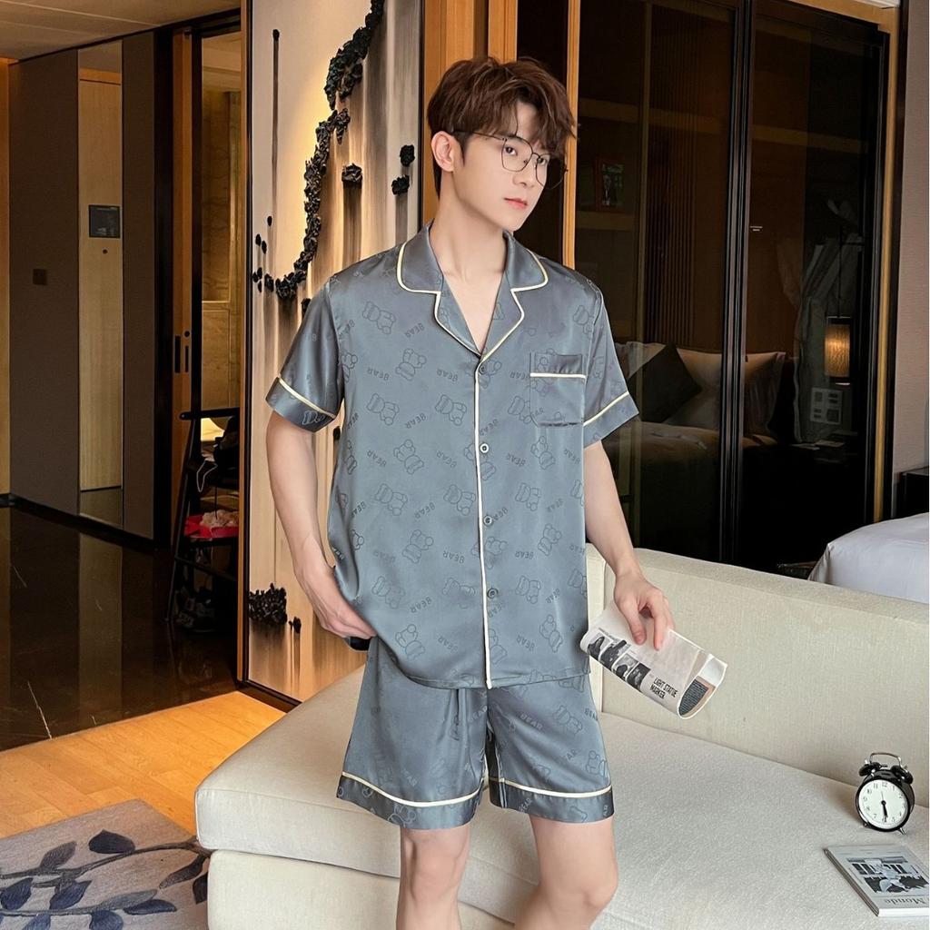 Pajamas Men's Pajamas Summer Bing Silk Short Sleeve Shorts Thin New Bear Spring Summer Silk Loungewear Set N11