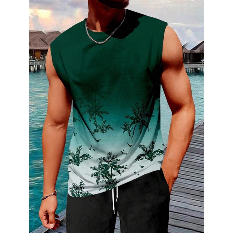 Stylish Men's Vacation Hawaiian Vest Gradient Coconut Print Casual Yacht Party Vest Plus Size Mens Resort Breathable T-Shirt Top