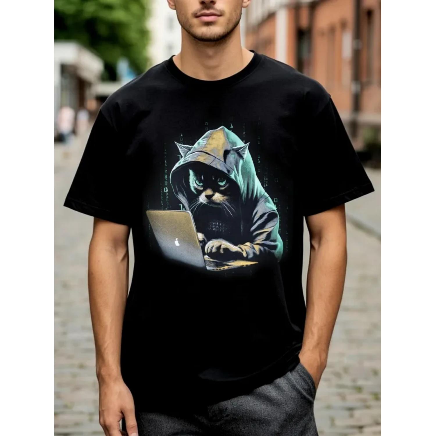2025 Hacker T-shirt  Hacker Cat graphic t shirts Unisex Casualcotton Vintage round neck  Men Women Streetwear Tees Short Sleeve S чёрный