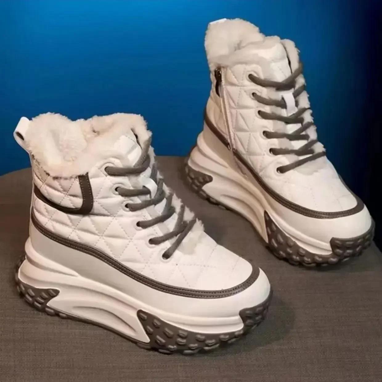 

Модные женские зимние ботинки, массивные туфли на шнуровке с круглым носком для женщин, спортивные кроссовки на платформе со шнурками, зима 2024, новинка, пушистый плюш 40