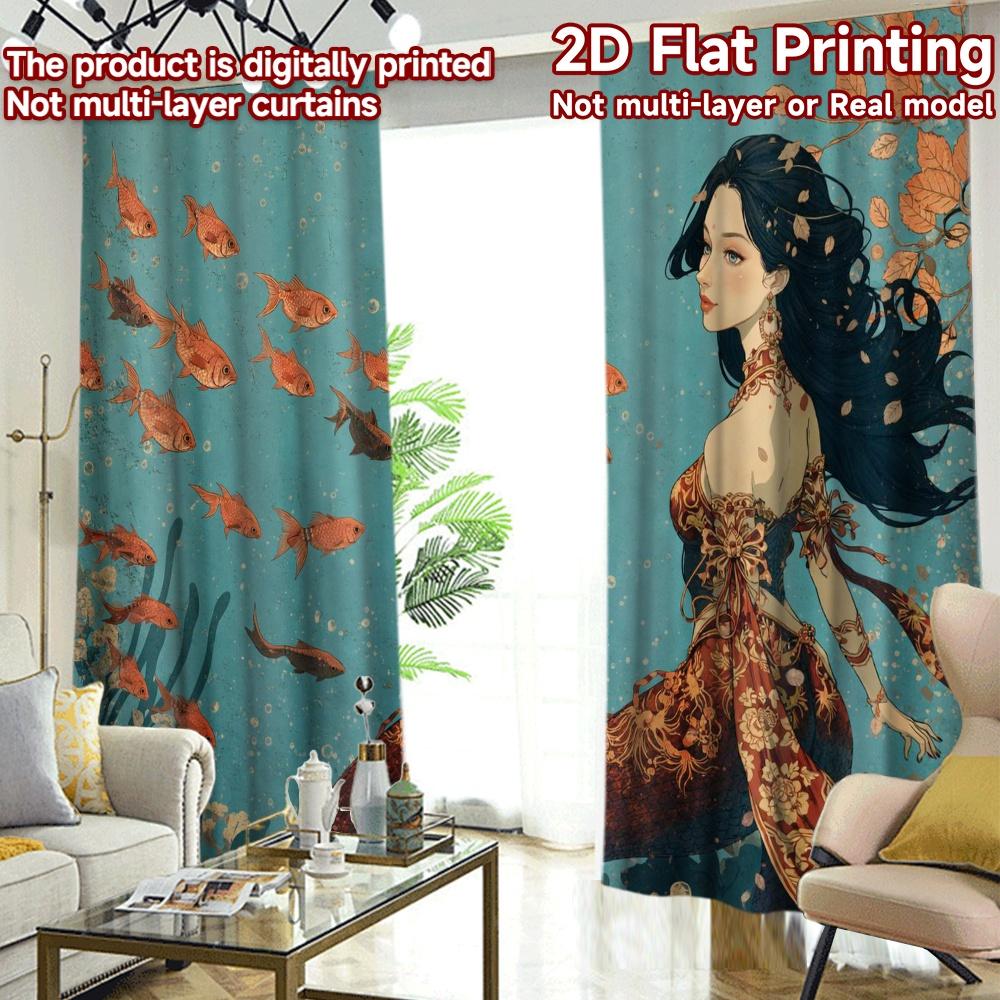 2D FLAT PRINTING 2pcs Curtains (Without Rod) Mermaid with Goldfish Modern Curtains Roller Blinds Prints Light Filtering Curtains