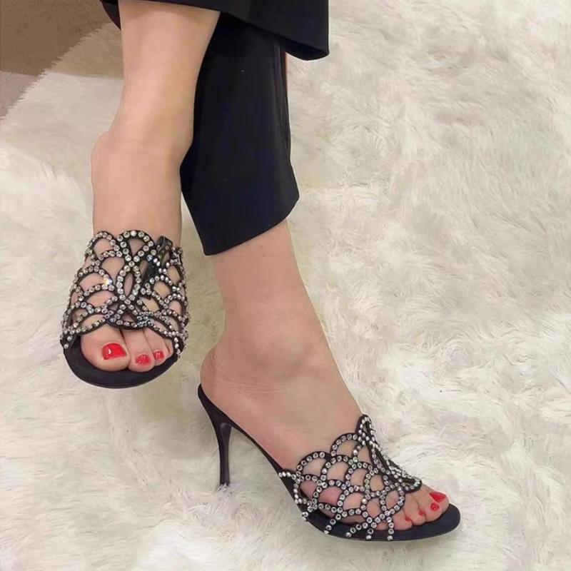 2025 Summer Trend Rhinestone Open Toe High Heel Slippers Sexy Hollow Slip-On Sandals Outdoor Party Formal Stiletto Sandals New