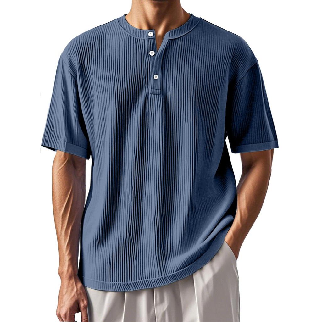 Men's Summer Solid Color Stripe Texture Button Collar Short Sleeve Tops Men's Casual Loose Fashion Tops