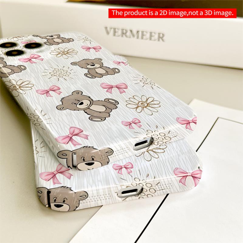 2DFlat Cute Teddy Bears & Bows Pattern All inclusive film hard iPhone case, compatible with iPhone 18 Pro Max 17 16 15 14 13 12 11