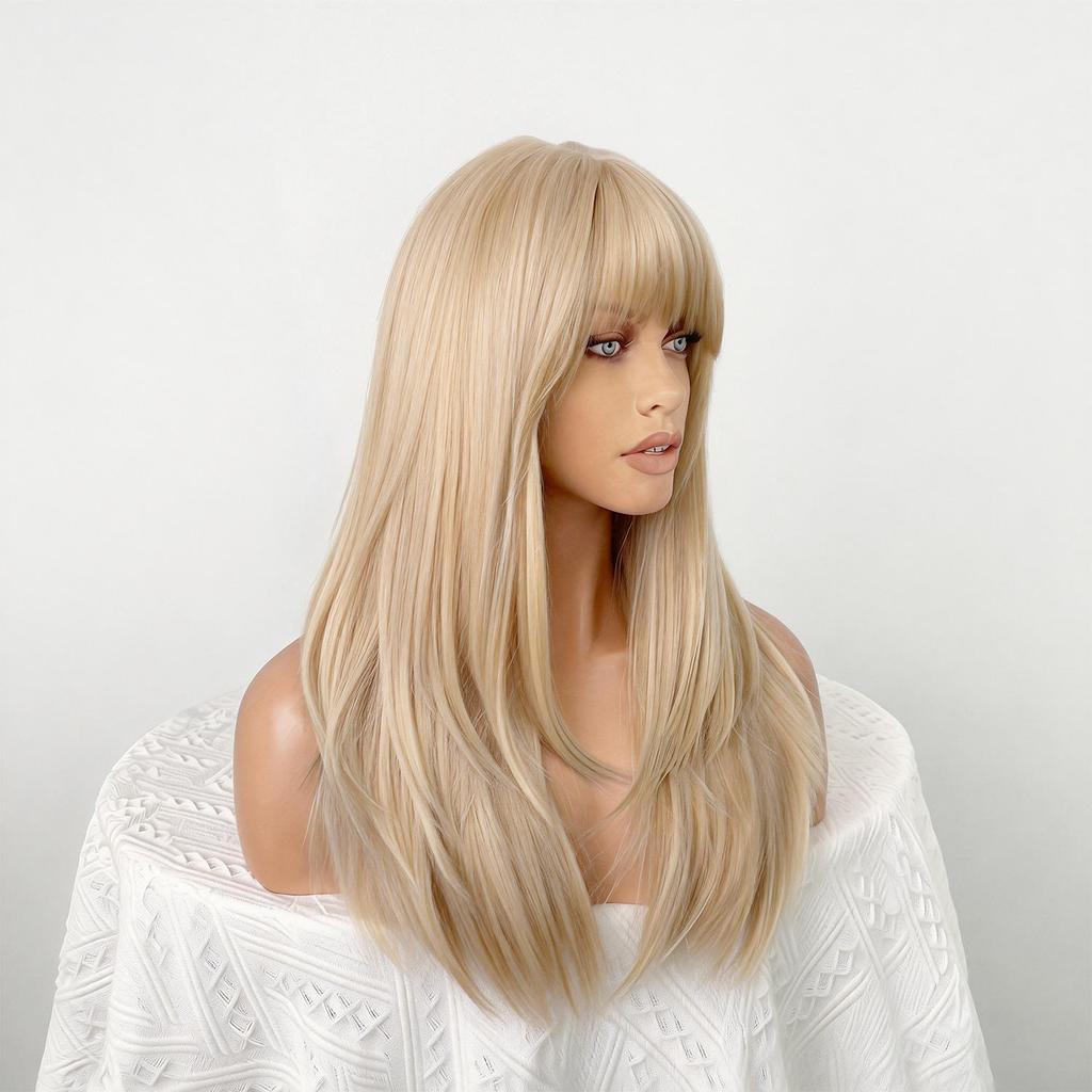 European and American Women's Long Straight Blonde Wig, Golden Gradient Straight Bangs High-Temperature Fiber Hairpiece