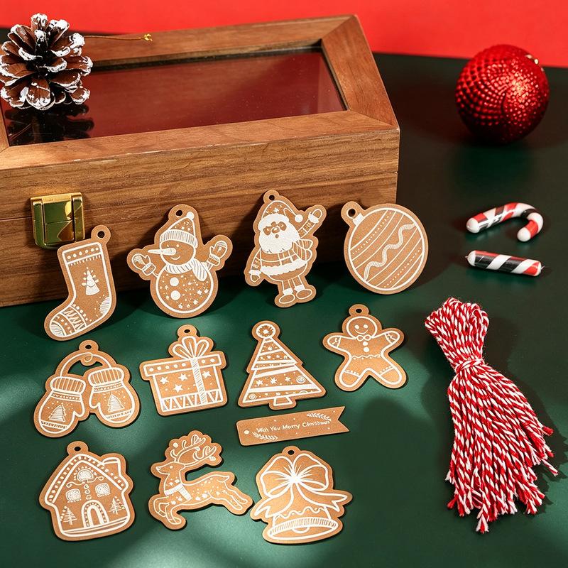 12pcs Christmas Kraft Paper Gift Tags Xmas Hang Tags with Twine Santa Snowman Elk Gift Label for Holiday Present Wrapping Decor