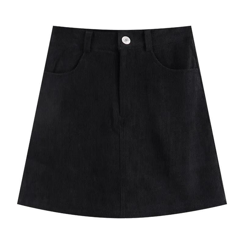 Plus Size Black Corduroy Midi Skirt: Slimming A-Line Bodycon for Autumn Winter