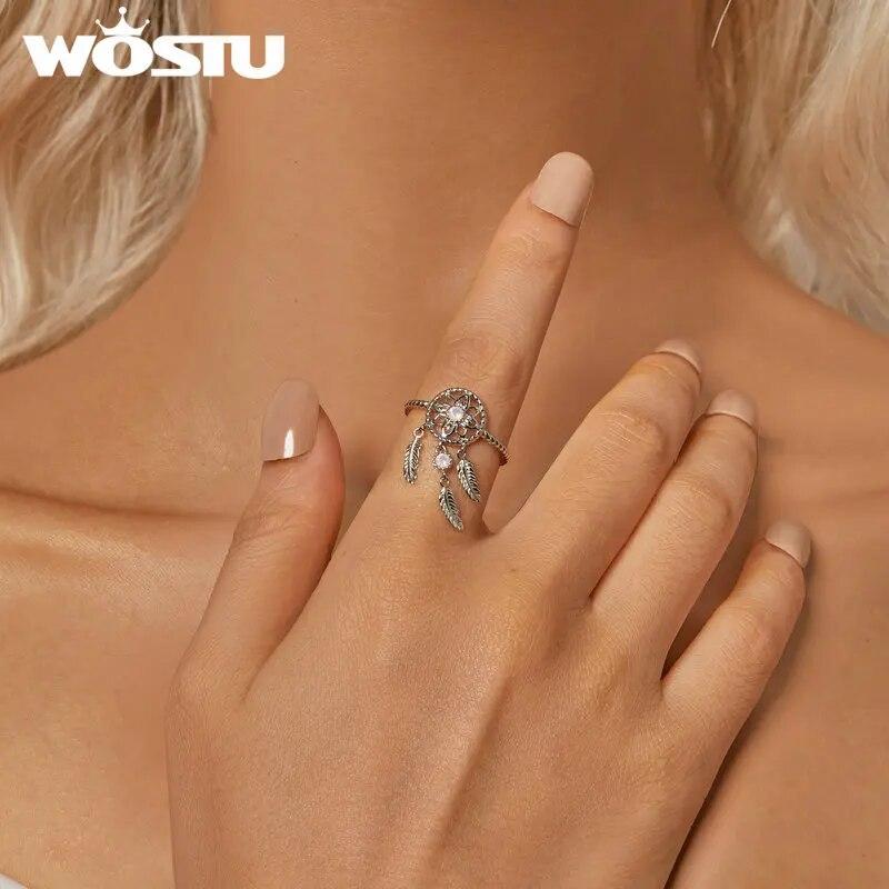 WOSTU 925 Sterling Silver Dreamcatcher Open Ring With Nano Opal Stone For Women Wedding Lucky Gift Fine Jewelry Boho Style