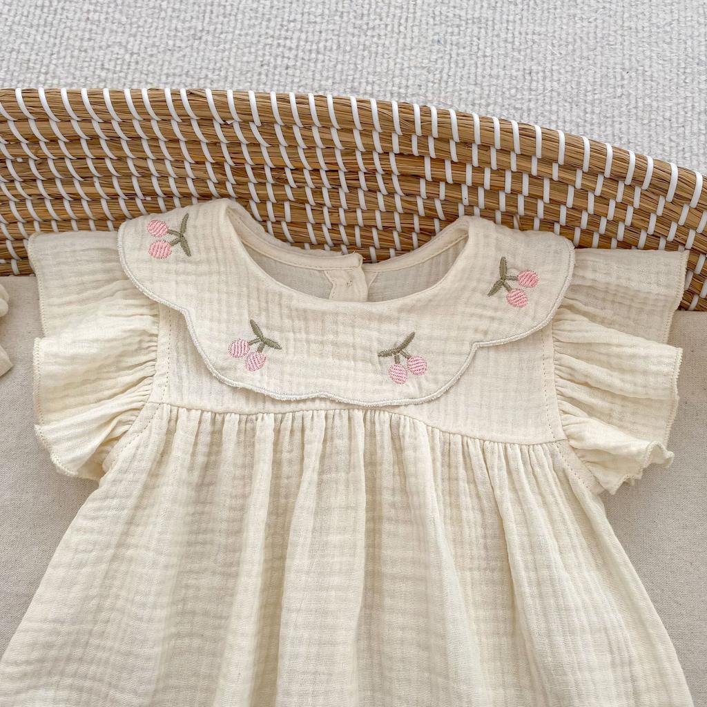 Baby Girl Summer Floral Embroidered Peter Pan Collar Short Sleeve Romper