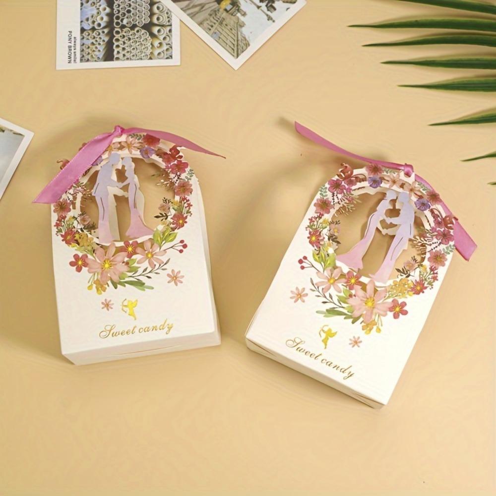 15pcs Floral Candy Boxes with Ribbons Wedding Gift Packing Box Bridal Shower Treat Bags Gift Packaging Paper Craft Party Supplies Wedding Party Gift
