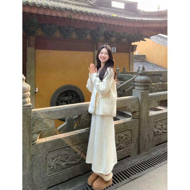 Kumikumi Gentle Suit Retro Lace-up Sweater Outwear Women's Autumn Slimming Drape Skirt Two-piece Set