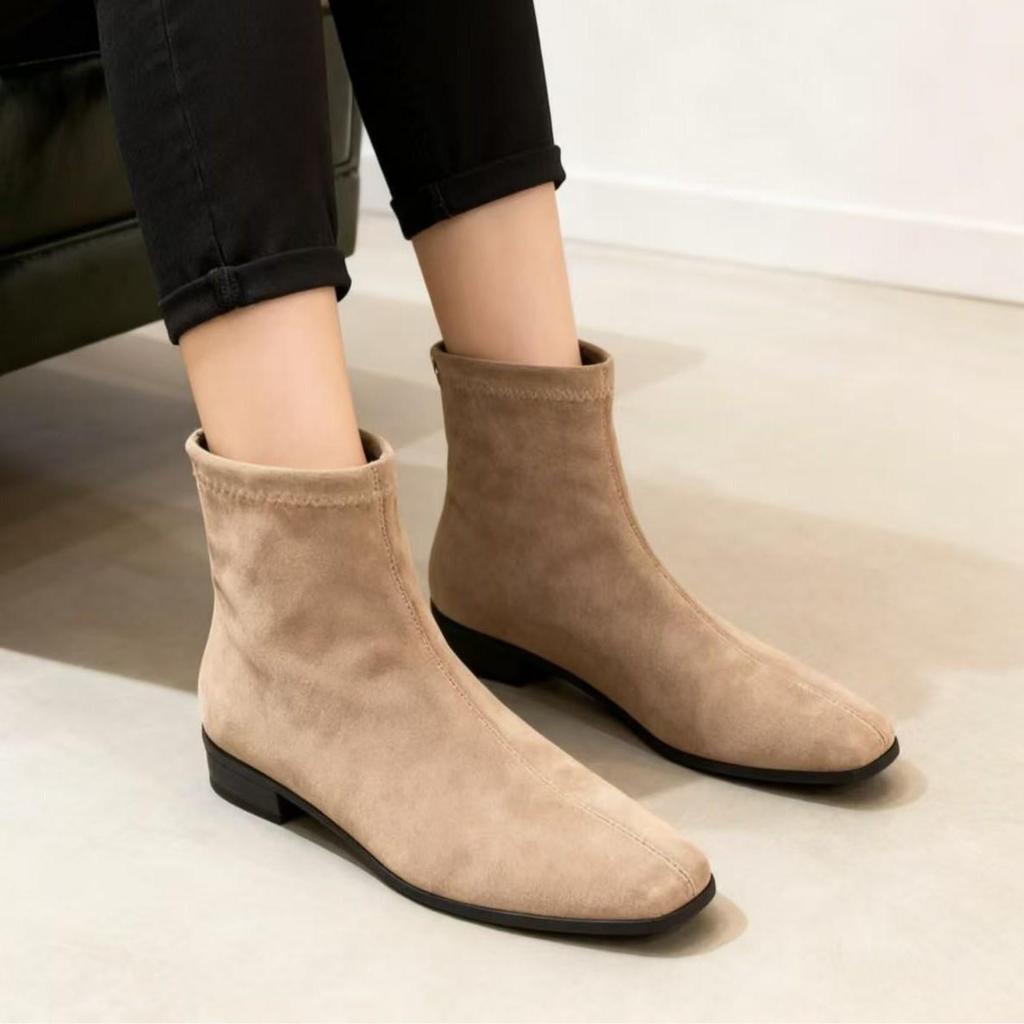 Grape Mom's Korean Retro Square Toe Suede Chunky Heel Martin Boots for Women - Height-Enhancing, Versatile Autumn/Winter Short Boots