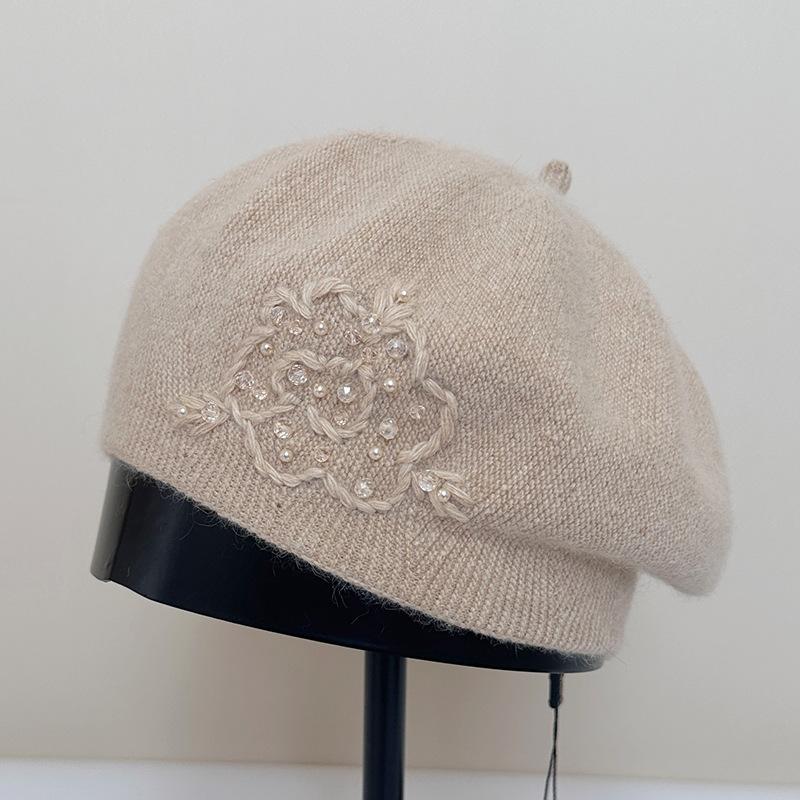 Rabbit Down Pearl Knitted Beret Female Autumn and Winter Painter Hat Warm Wool Hat Winter Hats for Women, Beanies for Women, Hats for Women Winter