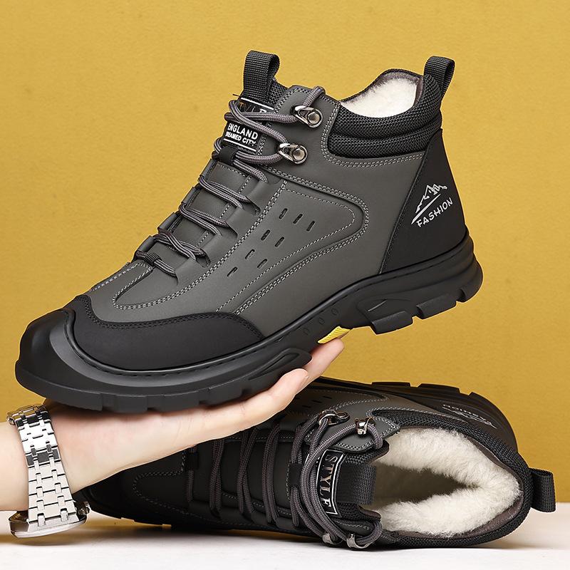 

Зимние рабочие ботинки для мужчин, для активного отдыха, кожаные, теплые, на меху, зимние ботильоны, для ходьбы, высокие, мужские, на шнуровке, нескользящие, водонепроницаемые, треккинговые ботинки 44 серый