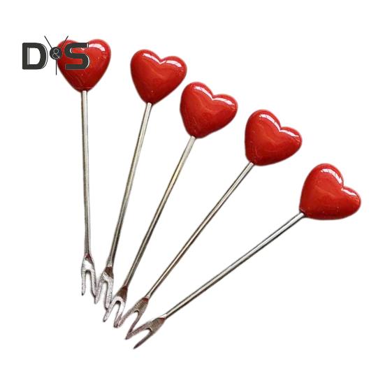 

Набор из 5/10 вилок для фруктов в форме сердца, десертов, тортов, закусок, с держателем Love, многоразовые кухонные принадлежности C