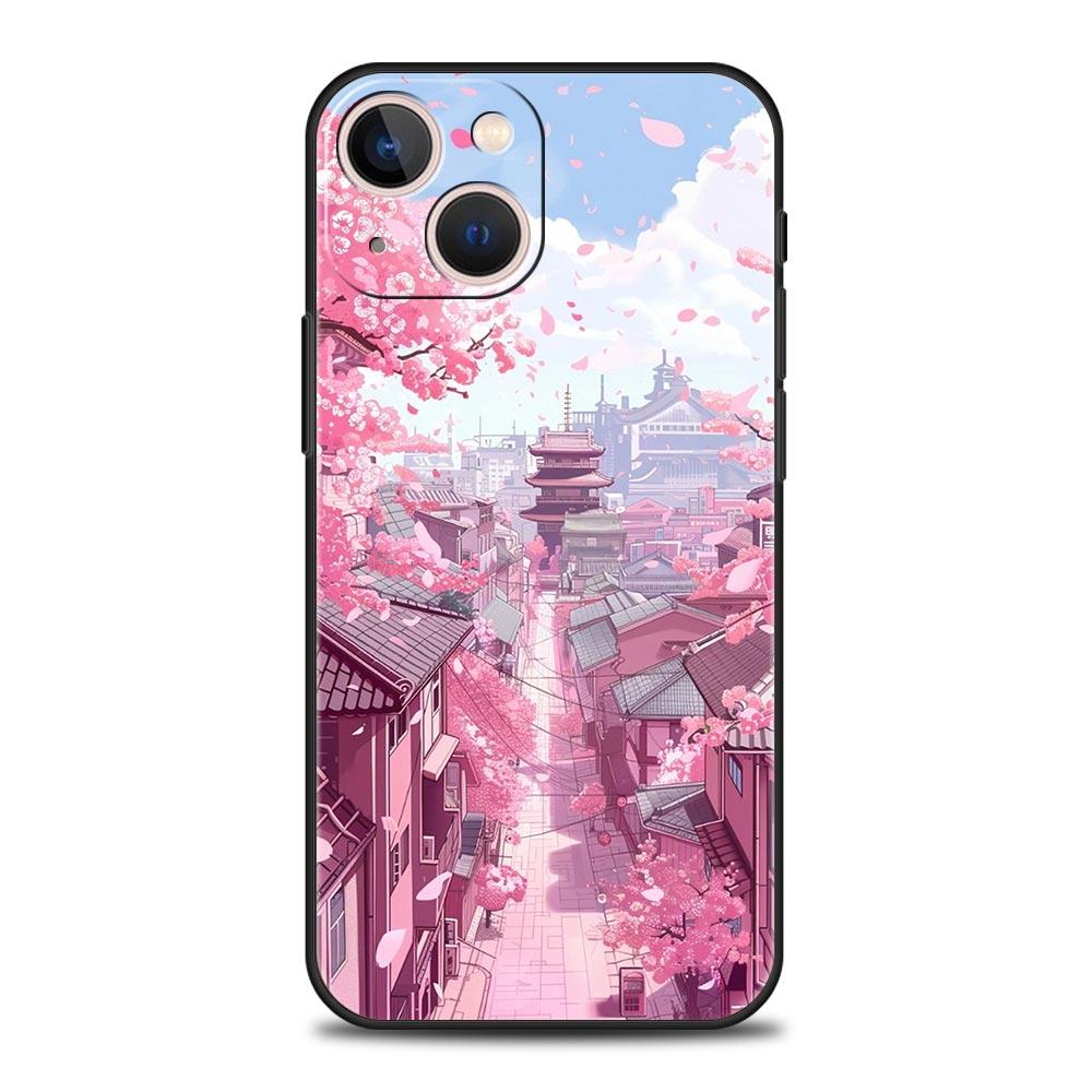 Coque de téléphone Rose Fleurs de Cerisier Printemps Pour iPhone 17 16 15 Pro Max 11 12 13 14 7 8 Plus SE 2020 X XR XS Cover Souple Noir