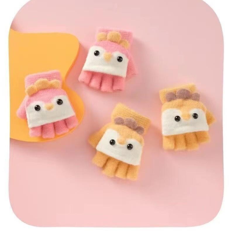 Kids' Cartoon Flip-Top Gloves: Winter Half-Finger, Thickened for Writing, Dual-Use, Cute Design for Boys and Girls