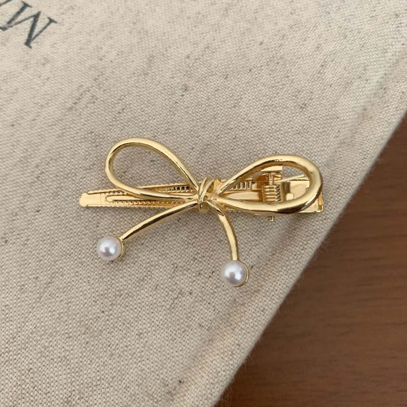 New Trendy Metal Bowknot Pearl Hair Clips For Women Sweet Mini Low Ponytail Side Duckbilled Clip Hair Accessories